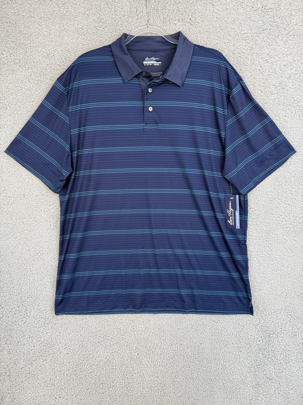 Ben Hogan Peacoat Men’s XLT short sleeve golf polo shirt Navy and Teal Striped
